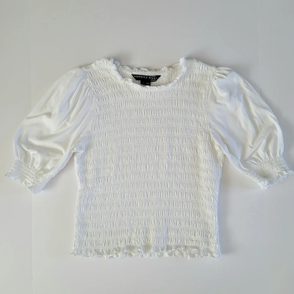 Veronica Beard Jeans Smocked Puff Sleeve Top White Clean Girl Feminine Small - Picture 5 of 8